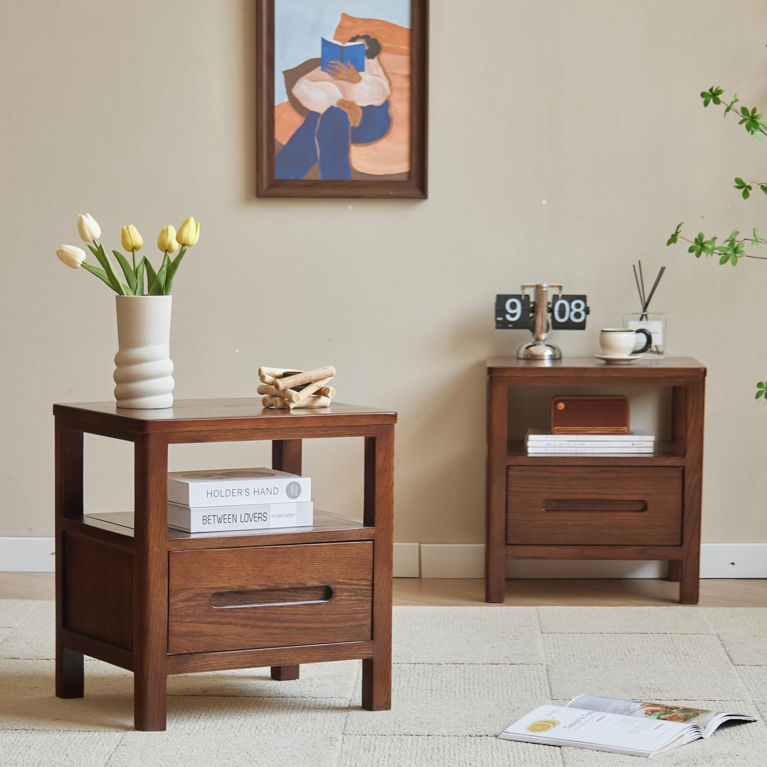 MU RONG ナイトテーブル アメリカオークウッド ベッドサイドテーブル